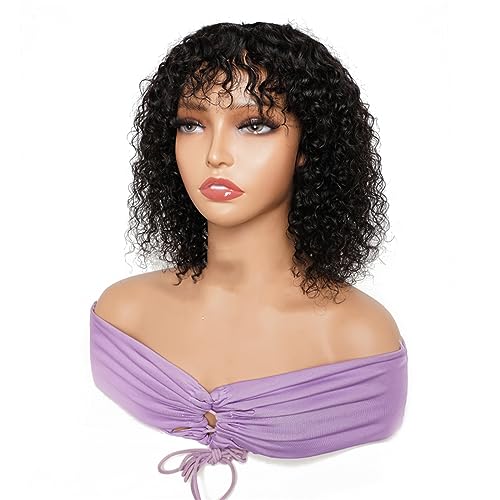 Lockige 2X1 Spitze Bob Perücke Mit Pony Mittelteil Top Spitze Echthaar Perücken Mit Fransen Lockige Perücken Für Damen 2x1 Lace Wig 14Inch 150Density von Azedssw