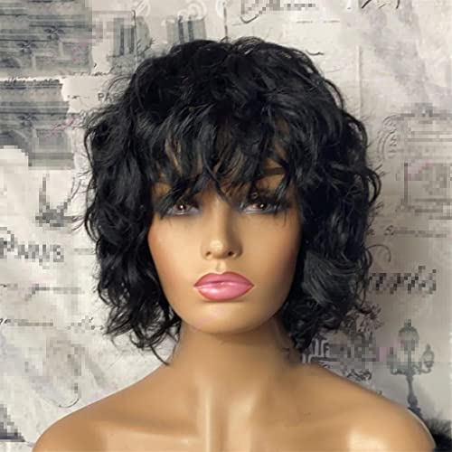 Schwarze Kurze Perücken Mit Pony Echthaar Remy Brasilianische Kopfhautperücke Wellenförmige Bob Bang Perücke Für Damen 14 Inch 150Density von Azedssw