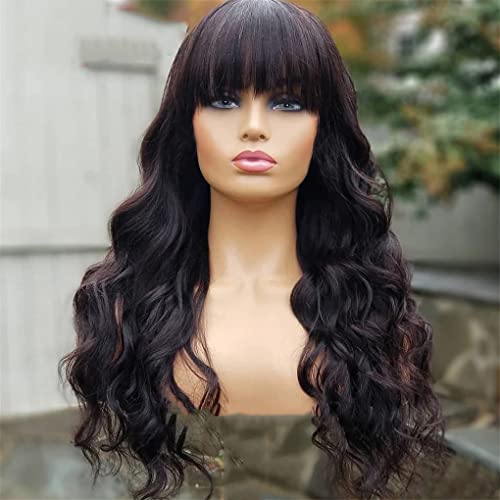 Schwarze Welle Perücke Mit Pony Scalp Top Perücke Lange Remy Brasilianische Gewellte Echthaarperücken Für Damen 16 Inch 200 Density von Azedssw