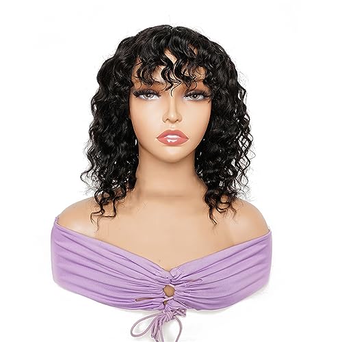 Tiefe Welle 2 * 1 Spitze Bob Perücke Mit Pony Mittelteil Top Spitze Echthaar Perücken Für Damen 2x1 Lace Wig 10Inch 180Density von Azedssw