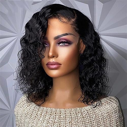 Wasserwellen Lace Front Perücken Für Damen Brasilianischer Verschluss Bob Perücke Kurzes Echthaar Vorgezupft 13x4 Frontal Wig 14Inch 180 density von Azedssw