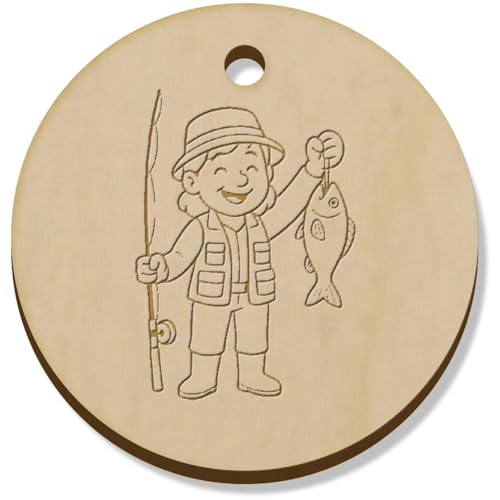 Azeeda 11 x 34mm 'Glückliche Fischerin fängt' Hölzerne Schmuckanhänger (PN00075208) von Azeeda