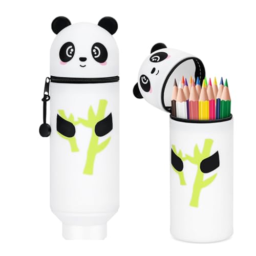 Azhong toys Federmäppchen,Silikon Federmäppchen,2-in-1 Weiche Silikontasche,Tier Stifthalter,Cartoon Federmäppchen,Federtasche aus Weichem Silikon für Stifte(Panda - Bambus) von Azhong toys