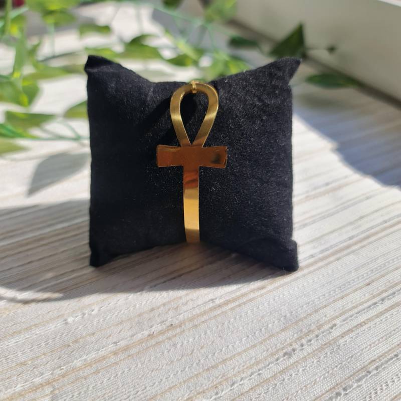 Ankh Cross Bracelet - Stainless Steel Cuff, Gold Finish, Adjustable, Symbol Of Life & Protection von Azizaroots