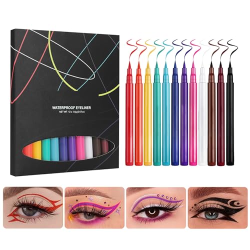 Wasserfester flüssiger Eyeliner,12 Farben Eyeliner-Stift mit feiner Spitze | Langlebige Eyeliner, flüssiges Augen-Make-up-Set, wischfeste Eyeliner für Auftrittstermine Aznever von Aznever