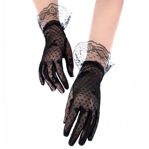 Azonelife 1 Paar Damen Spitzenhandschuhe, Spitze Elegant Kurze Handschuhe, Fishnet Netzhandschuhe für Hochzeit Party Halloween Teeparty Abschlussball Abend Handschuhe (A) von Azonelife