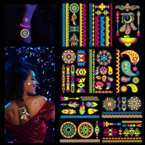 10 Blätter Temporäre Tattoos die im Dunkeln Leuchten, Wasserfeste Körper Leuchtende Gesichtstattoos Selbst Aufkleber, Temporäre Neon Tattoos, Klebetattoos für Schwarzlicht UV Party & Festivals von Azonelife