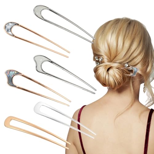 6 Stück U-Förmige Haarnadeln, Metall Haargabel Haarspange, Französischer Stil Haarnadel, 2 Zinken Hochsteckfrisur Chignon Stifte, Haarstäbchen Gabel für Mädchen Frauen Haarstyling Zubehör von Azonelife