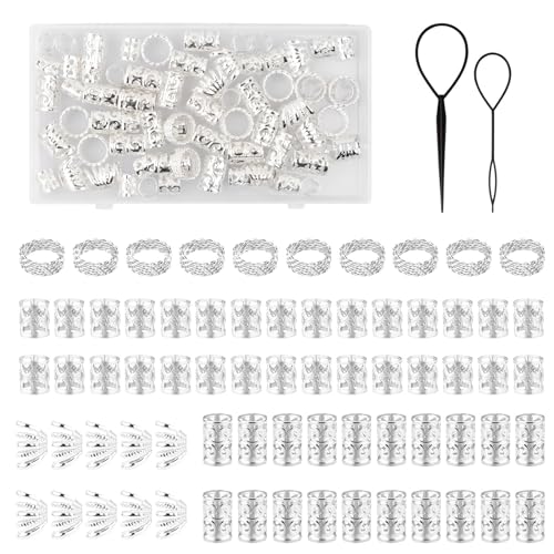 72 Stück Haar Dreadlocks Zubehör, Aluminium Metall Haarschmuck Ringe Verstellbar Schmuck Haarspiralen Clips, Zöpfe Haarring Haarflechtanhänger Dekorationen für Kinder Mädchen, Silber von Azonelife