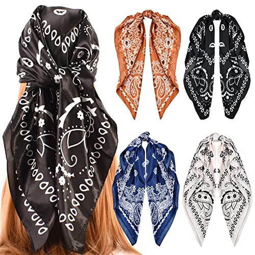 Azonelife 4 Stück Satin Bandana Kopftuch Damen, 90x90cm Große Quadratische Schals, Seide Halstücher Kopftücher, Bandanas Halstuch Seidentuch, Seidenähnlich Retro Boho Headwrap für Mädchen Frauen von Azonelife