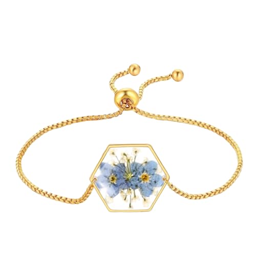 Azonelife Vergissmeinnicht und Queen Annes gepresstes Wildblumen Spitzenarmband, Echte Blume handgemachter Armband Gold gepresstes blumen-Harz-Armband Vergissmeinnicht schmuck Abschiedsgeschenk von Azonelife