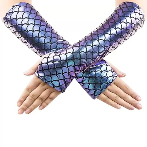 Fingerlose Handschuhe Damen Meerjungfrau, Fischschuppen Lange armstulpen, Halloween Mädchen Cosplay Handschuhe Arm Ärmel für Bühne Leistung Fasching Partei Kostüm Zubehör (Fantasiefarbe) von Azonelife