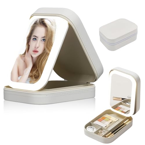 Kosmetiktasche mit Beleuchtetem Spiegel, Make up Tasche mit LED Spiegel, 3 Helligkeitsstufen Tragbar Kosmetiktasche Organizer, LED Make up Organiser Bag, Mirror Makeup Case, Geschenk für Frauen von Azonelife