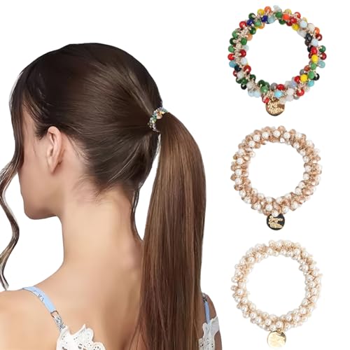 Strass haargummis Perlen elastisch haarbänder, Scrunchies Perlen Kristall Pferdeschwanz-Halter, Haarseil Ausgefallene, Dehnbare Kopfschmuck Zopfgummi mit Strasssteinen, 3 Stücke Haarschmuck Damen von Azonelife