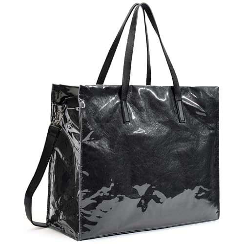 Azooken TPU Handtasche Damen,Groß Tyvek Shopper Tasche Mode Umhängetasche,Schule Arbeit Reisen Freizeit Einkauf Henkeltasche mit Reißverschluss(DBZ01-Black) von Azooken