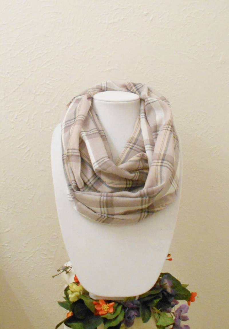 Karierter Infinity-Schal Baumwoll-Flanell-Mischung, Grau Braun Weiß von Azram