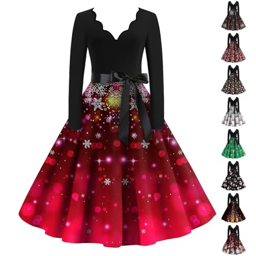 50Er Jahre Kleider Frauen Vintage Rockabilly V-Ausschnitt Langarm A-Linie Übergröße Weihnachten Kleid Mit Schleife Mickey Polka Dot Kleid Cocktailkleid A Linie(4-Hot Pink,L) von Azruma