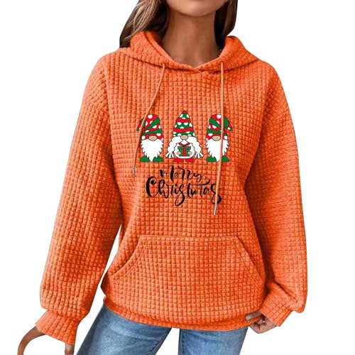 Azruma Ausgefallene Pullover Damen Frauen Festlich Waffel Weihnachten Drucken Langarm Hoodie Sweatshirt Mit Taschen Tops Y2K Weihnachten Kapuzen Sweatshirt(2-Saffron,XXL) von Azruma