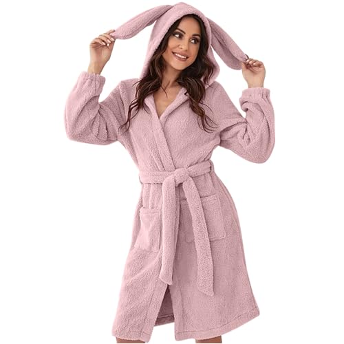 Azruma Bademantel Flauschig Damen Frauen Einfarbig Flauschig Bademantel Mit Kapuze Unisex Warm Fleece Kuschel Morgenmantel Mit Gürtel Teddy Bademantel Damen Bademantel Damen Reissverschluss(3-Pink,S) von Azruma