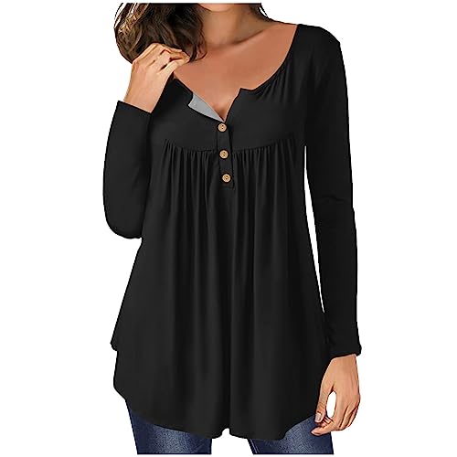 Azruma Boho Kleidung Damen Elegant V-Ausschnitt Knopfleiste Langarm Henley Shirt Für Frauen Bequeme Einfarbig/Drucken Tunika Oberteile Sommer Oberteile Damen Locker(1-Black,XXL) von Azruma