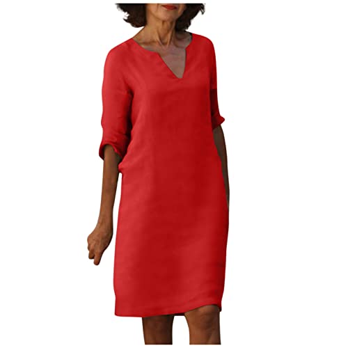 Azruma Brautjungfernkleider Damen Kleider Elegant Festlich Abendkleider Kurz Leinenkleid Damen Sommer V-Ausschnitt Halbe ÄRmel Einfarbig Knielang Leinen Kleider Maid Dress (Rot, L) von Azruma