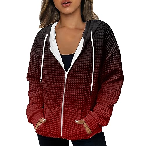 Azruma College Jacke Damen Frauen Herbst Winter Waffel Drucken Langarme Kapuzenjacke Mit Taschen Warme Lang Ärmeln Sweatjacke Mit Kapuze Pullover Damen Oversize(5-Wine,Xxl) von Azruma