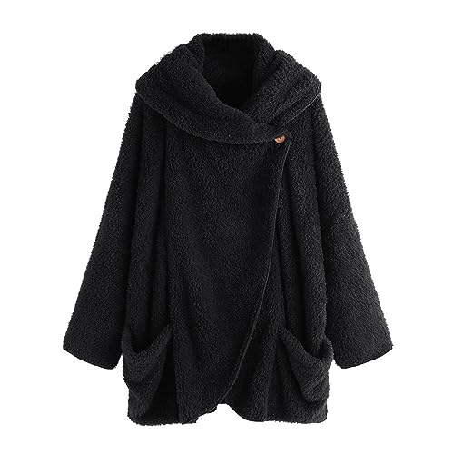 Azruma Damen Jacke Frauen Einfarbig Teddy-Fleece Oversized Plüsch Hoodie Mit Knöpfen/Reißverschluss Winter Warm Plüschjacke Mit Taschen Plüsch Pullover (3-Black,L) von Azruma