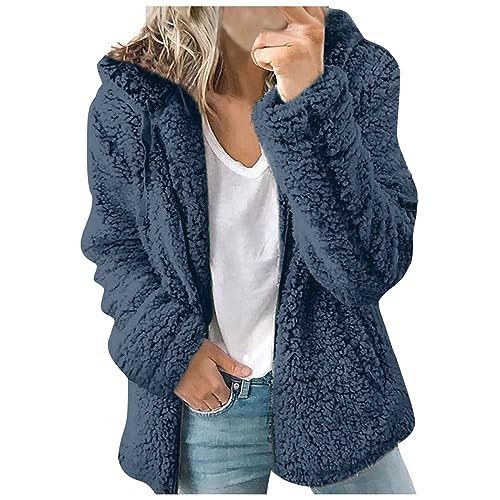 Azruma Damen Jacke Frauen Einfarbig Teddy-Fleece Oversized Plüsch Hoodie Mit Knöpfen/Reißverschluss Winter Warm Plüschjacke Mit Taschen Wintermantel Damen Lang (1-Blue,Xl) von Azruma