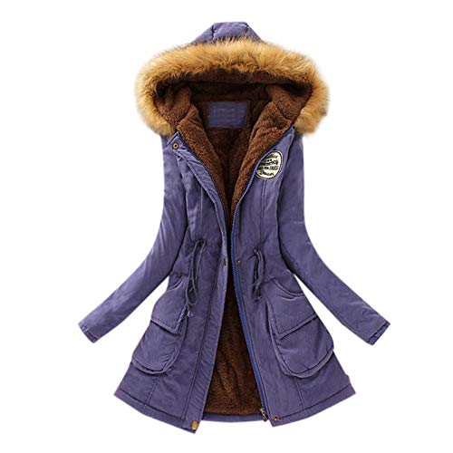 Azruma Damen-Mäntel Frauen Winter Einfarbig Langarme Gefütterte Fleecejacke Mit Kapuze Warme Lange Winterparka Mit Tasche Winterjacke Aus Kunstleder(Dunkelblau,L) von Azruma