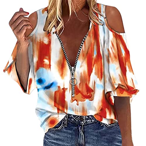 Azruma Damen Oberteile Sommer Tank Top Damen Sexy WeißEs Tshirt Damen Frauen Mode Drucken Kalte Schulter Bluse Mit ReißVerschluss Lockere Cold Shoulder Oberteile Cardigan Damen (1-Orange, S) von Azruma