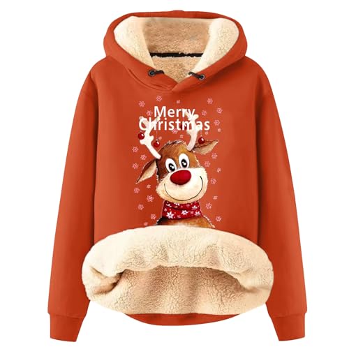 Azruma Damen Pullover Winter Frauen Winter Weihnachten Warm Fleece Sherpa Gefütterter Pullover Mit Kapuze Lässiger Drucken/Einfarbig Kapuzenpullover Strickjacke Warm Damen (2-Saffron,XXL) von Azruma