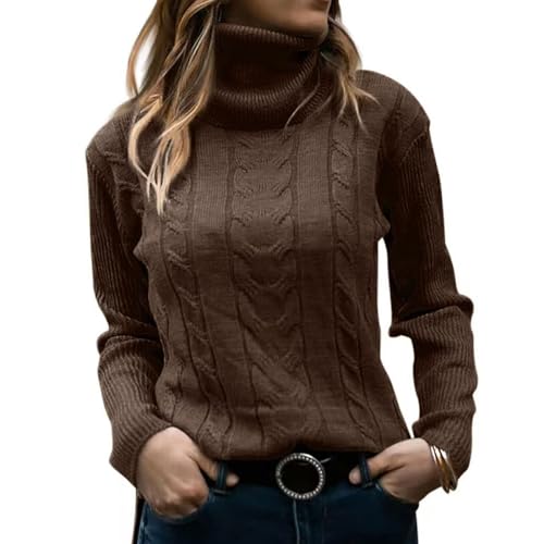 Azruma Damen Rollkragenpullover Frauen Elegant Einfarbig Rollkragen Langarm Strick Pullover Winter Jacquard Turtleneck Sweater Warm Basic Strickpulli Christmas Sweater Damen (5-Brown,L) von Azruma