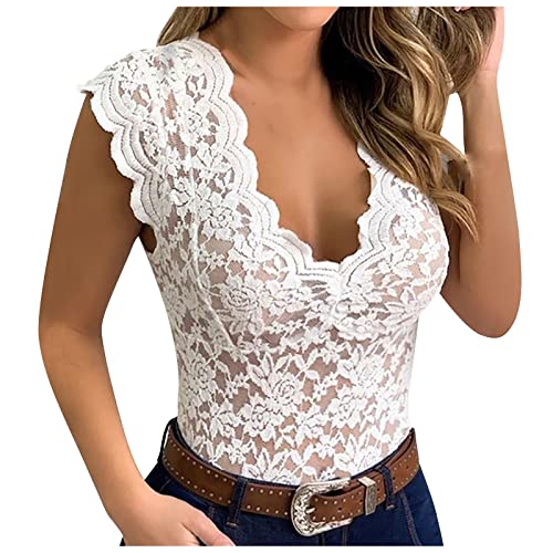 Azruma Damen Spitzen Crop Top Sexy Spitze V-Ausschnitt Schulterfrei Weste Loose Tank Top with Stickerei Einfarbig von Azruma
