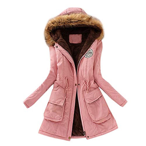 Azruma Damen Wintermantel Frauen Winter Einfarbig Langarme Gefütterte Fleecejacke Mit Kapuze Warme Lange Winterparka Mit Tasche Damen Mantel Herbst(Rosa,S) von Azruma