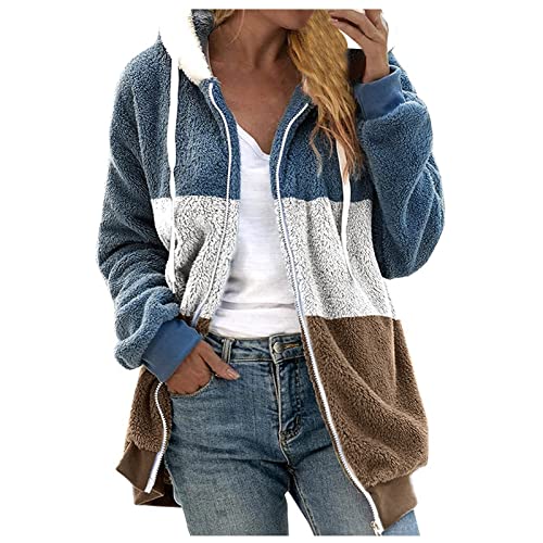 Azruma Damen cardigan Frauen Winter Warm Teddy-Fleece Patchwork Drucken Langarm Hooded Plüschjacke mit Reißverschluss pullover jacke damen(2-Brown,XL) von Azruma