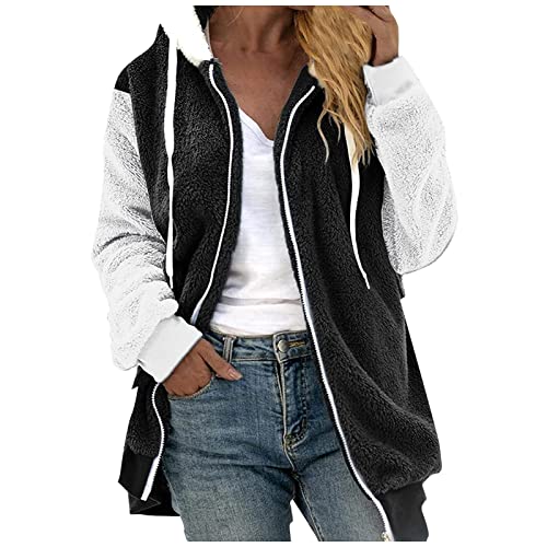 Azruma Damen strickmantel lang Frauen Winter Warm Teddy-Fleece Patchwork Drucken Langarm Hooded Plüschjacke mit Reißverschluss kapuzenjacke aus plüsch mit reißverschluss(3-Black,L) von Azruma