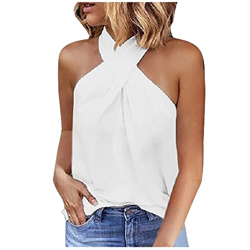 Azruma Damen top Damen Oberteile top Damen Tunika für Damen Criss Cross Halter Ärmellos Cami Wrap Top Slim Fit Einfarbig Crop Top Sommershirt (Weiß, XL) von Azruma