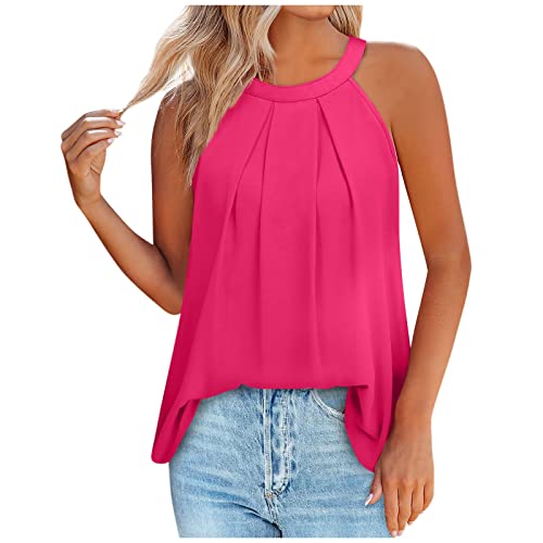 Festliche Oberteile Damen Kurzarm Bluse Damen Tactical Shirt Sommer Einfarbige Neckholder ÄRmelloses Plissee Tanktops Frauen Lang Tunika Oberteile Sportshirt (1-Hot Pink, M) von Azruma