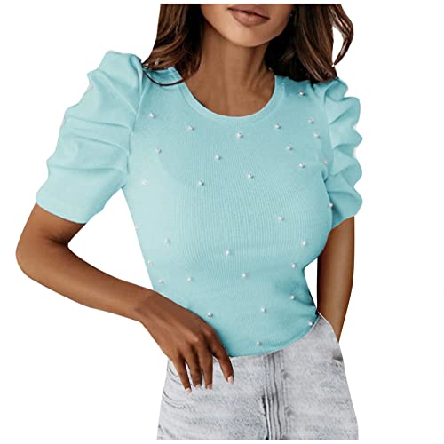 Azruma Festliche Oberteile Damen Top Spitze Damen Tops Damen Elegant Einfarbig Perlen Rundhals Puff ÄRmel Gerippt Strick Sitzende Tshirt Kurzarm Bluse Festliche Blusen Damen (Blau, S) von Azruma