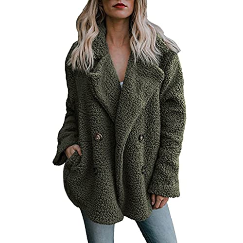 Azruma Fleecejacke Damen Lang Frauen Herbst Winter Warm Teddy Fleece Revers Zweireiher Jacke Flauschige Langarm Fleecejacke Teddy Fleece Cardigan Warme Strickjacke Damen(2-Green,M) von Azruma