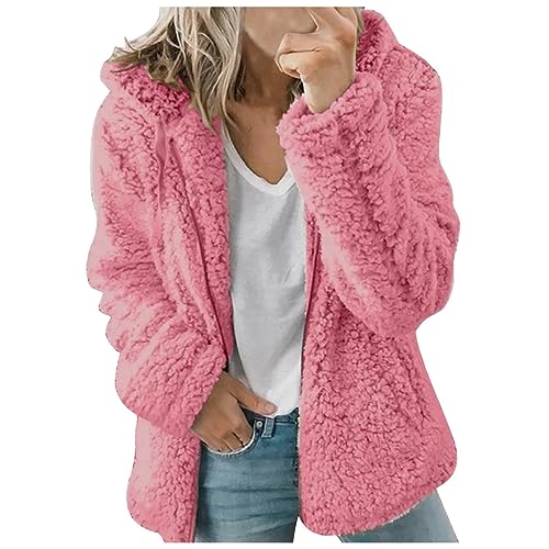 Azruma Fleecemantel Damen Frauen Einfarbig Teddy-Fleece Oversized Plüsch Hoodie Mit Knöpfen/Reißverschluss Winter Warm Plüschjacke Mit Taschen Teddy Jacke Damen (1-Pink,Xl) von Azruma