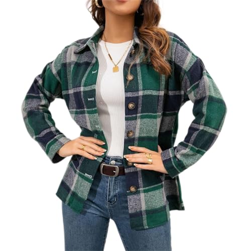 Azruma Hemd Damen Frauen Herbst Winter Elegant Karierte Revers Langarm Hemdjacke Mit Knöpfen Warm Karo Flanell Hemden Karohemd Damen Lang Cardigan Damen Damen-Jacken(3-Green,M) von Azruma