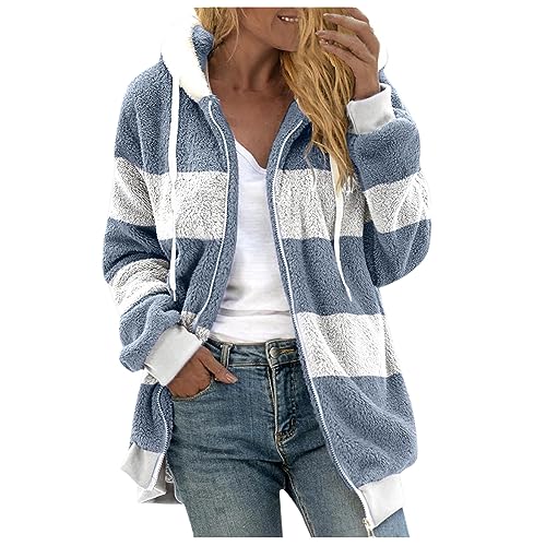 Azruma Herbst outfit damen Frauen Winter Warm Teddy-Fleece Patchwork Drucken Langarm Hooded Plüschjacke mit Reißverschluss norweger strickjacke damen(9-Light Blue,XL) von Azruma