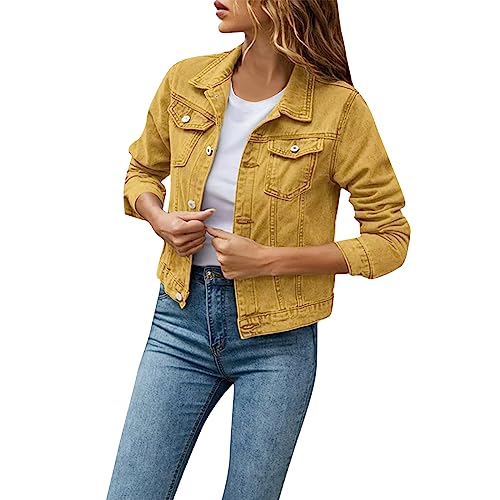 Azruma Herbstmantel Damen Cardigan Damen Lang Schneeanzug Damen Frauen Übergangs Einfarbig Kurz Revers Langarm Jean Jacke Mit Taschen Herbst Denim Mantel Mit Brusttaschen Stichfeste Weste (Gelb, Xl) von Azruma