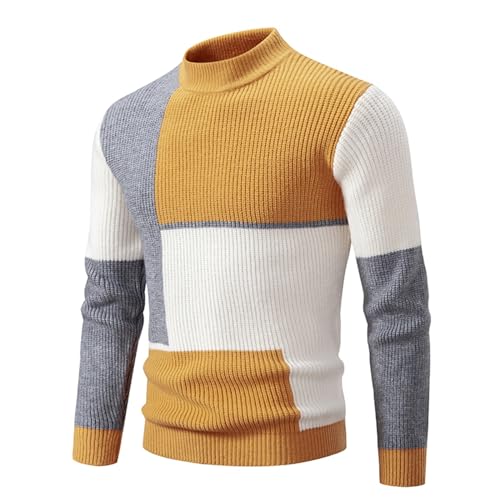 Azruma Herren-Sweatshirt Herren Geschenke Hoody Herren Männer Herbst Winter Warm Kontrast Drucken Rollkragen Langarm Strickpullover Hemd Blau Weiß Kariert Herren (2-Yellow, L) von Azruma