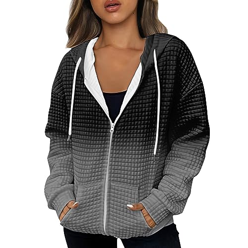 Azruma Hoody Damen Frauen Herbst Winter Waffel Drucken Langarme Kapuzenjacke Mit Taschen Warme Lang Ärmeln Sweatjacke Mit Kapuze Strickjacke College Style(5-Gray,3Xl) von Azruma