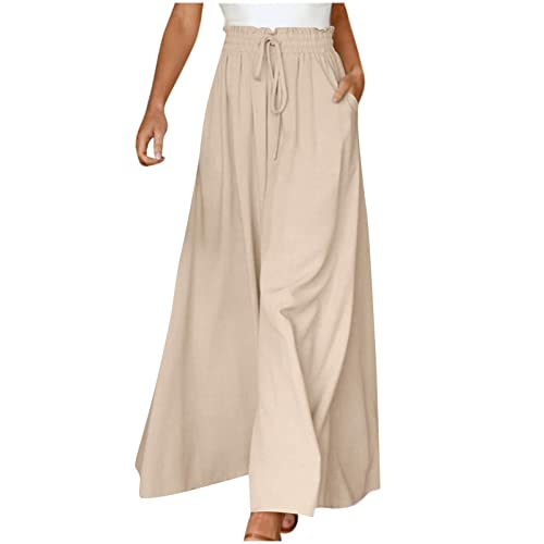 Azruma Hose Damen Elegant Chiffon Kordelzug High Waist Plissee Weites Bein Lang Hose mit Taschen Palazzo Einfarbig Culottes-Hose Strandhose Lose Lässige Freizeithose Schlupfhose Pumphose von Azruma