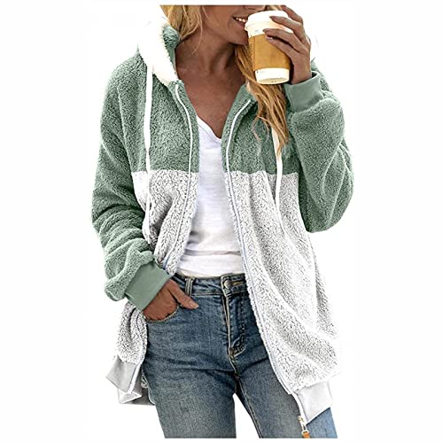 Azruma Jacke damen Frauen Winter Warm Teddy-Fleece Patchwork Drucken Langarm Hooded Plüschjacke mit Reißverschluss damen winter jacke teddyfell(6-Green,M) von Azruma