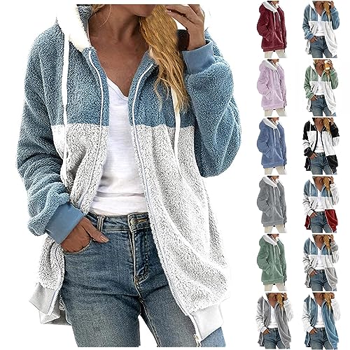 Azruma Jacke damen Frauen Winter Warm Teddy-Fleece Patchwork Drucken Langarm Hooded Plüschjacke mit Reißverschluss kuscheljacke damen(1-Sky Blue,L) von Azruma