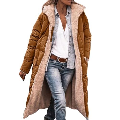 Azruma Leichte Steppjacke Damen Parka Übergang Daunenweste Damen Lang Frauen Warm Lange Einfarbig Patchwork Fleece Gefüttert Langarm Zipper Hoodie Steppjacke Mit Taschen Herbst Mode Damen (Braun, M) von Azruma